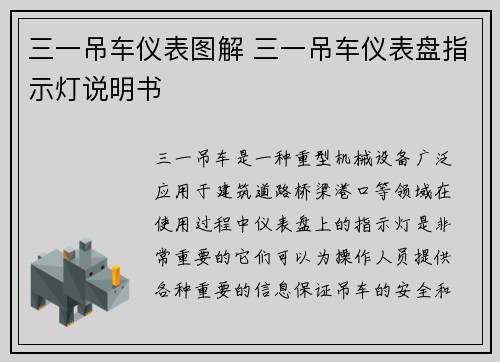 三一吊车仪表图解 三一吊车仪表盘指示灯说明书