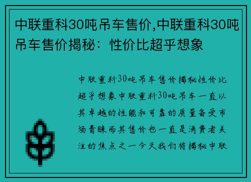 中联重科30吨吊车售价,中联重科30吨吊车售价揭秘：性价比超乎想象