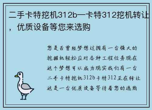 二手卡特挖机312b—卡特312挖机转让，优质设备等您来选购