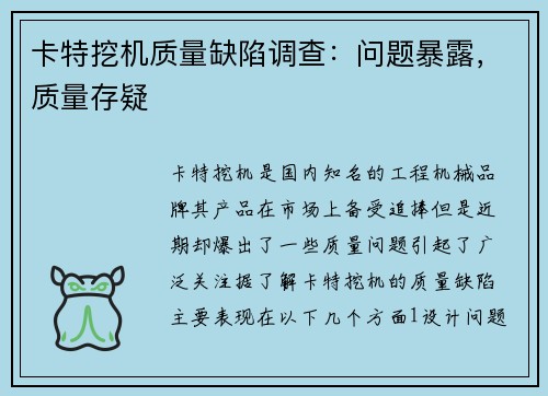 卡特挖机质量缺陷调查：问题暴露，质量存疑