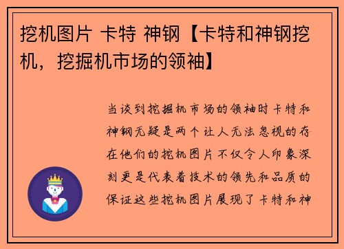 挖机图片 卡特 神钢【卡特和神钢挖机，挖掘机市场的领袖】