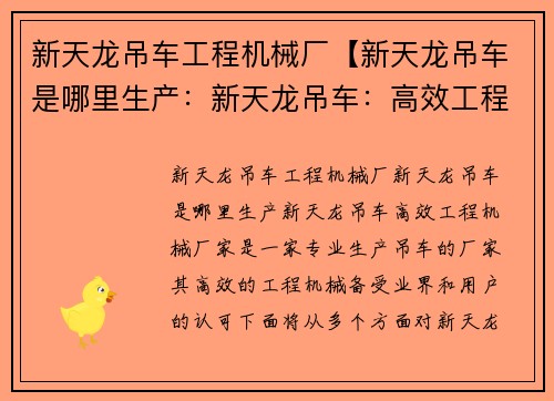 新天龙吊车工程机械厂【新天龙吊车是哪里生产：新天龙吊车：高效工程机械厂家】