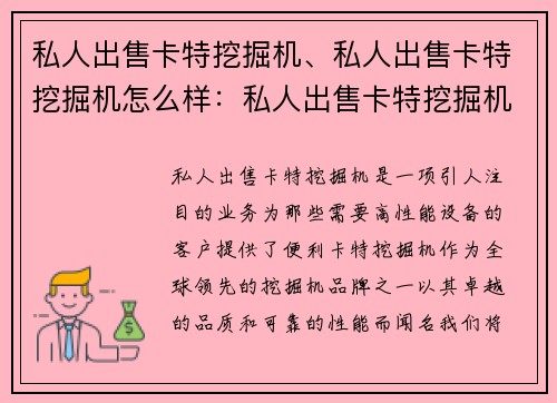 私人出售卡特挖掘机、私人出售卡特挖掘机怎么样：私人出售卡特挖掘机：高性能设备等您来选购