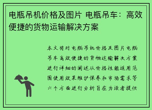 电瓶吊机价格及图片 电瓶吊车：高效便捷的货物运输解决方案